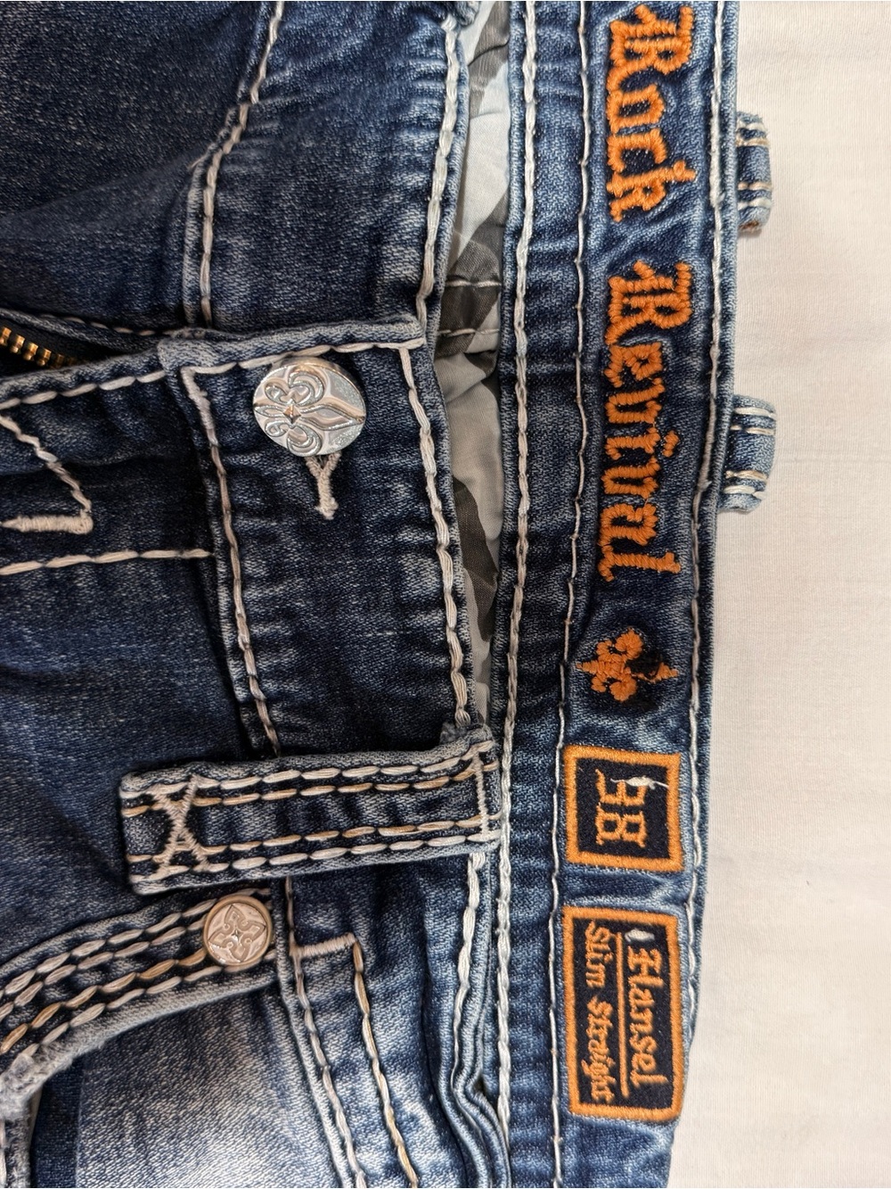 Rock Revival Dark Blue Denim Jeans with Orange Embroidery